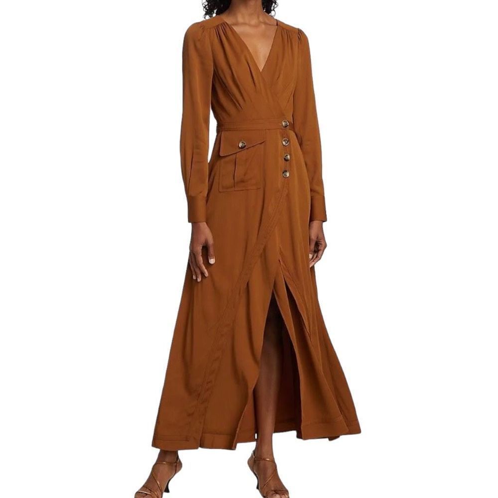NWT Self-Portrait Women’s Midi Wrap Dress Button Front Cognac‎ Brown sz 0